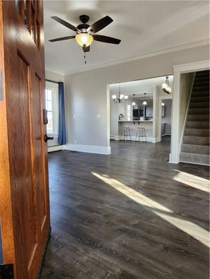 Empty room, Interior, Kitchen, Pendant Lights, Wood Texture Flooring