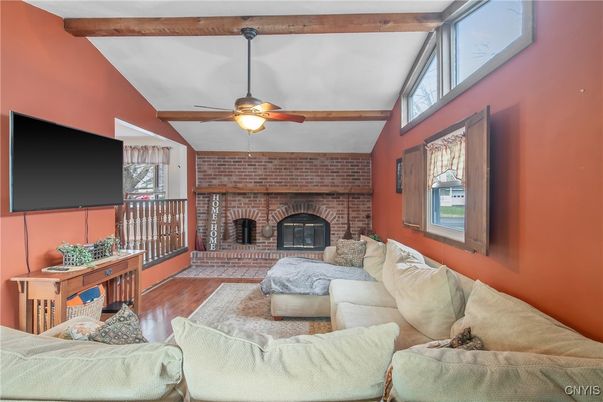 Fireplace, Interior, Living room, Stone Walls, Wooden Beams, Wood Texture Flooring