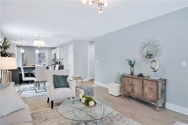 Dining room, Interior, Kitchen, Living room, Pendant Lights, Recessed Lighting, Wood Texture Flooring