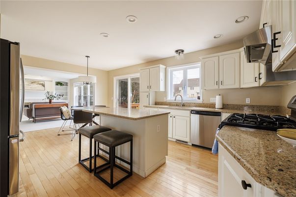 Dining room, Interior, Kitchen, Pendant Lights, Recessed Lighting, Stainless Steel Appliances, Wood Texture Flooring