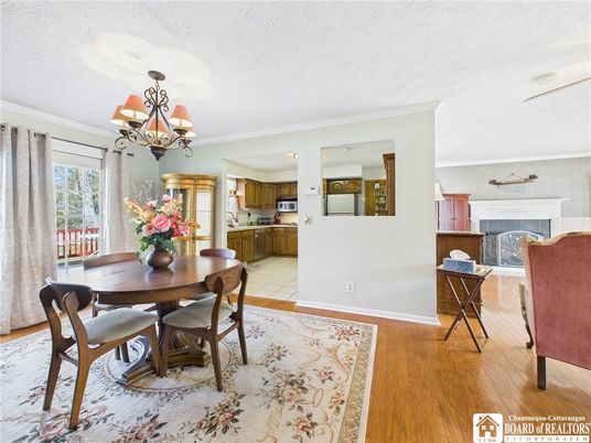 Chandelier, Dining room, Fireplace, Interior, Kitchen, Wood Texture Flooring