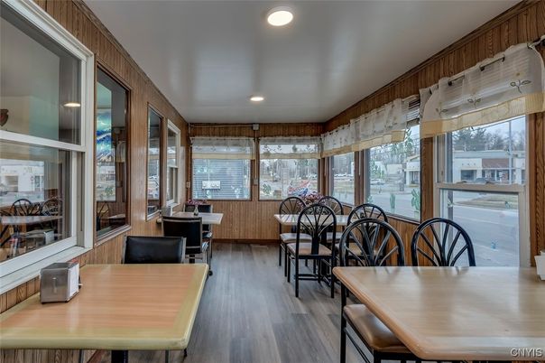 Dining room, Interior, Recessed Lighting, Wood Texture Flooring