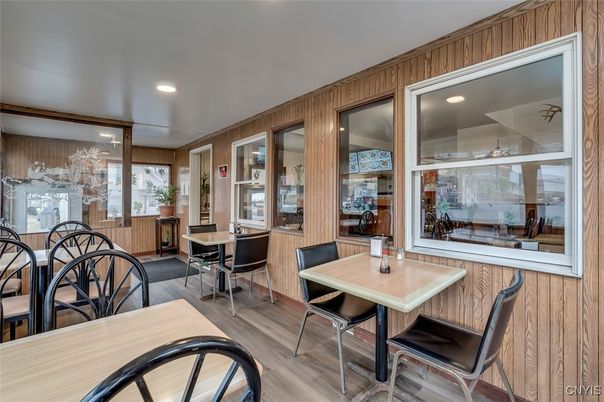 Dining room, Interior, Recessed Lighting, Wood Texture Flooring, Wooden Walls