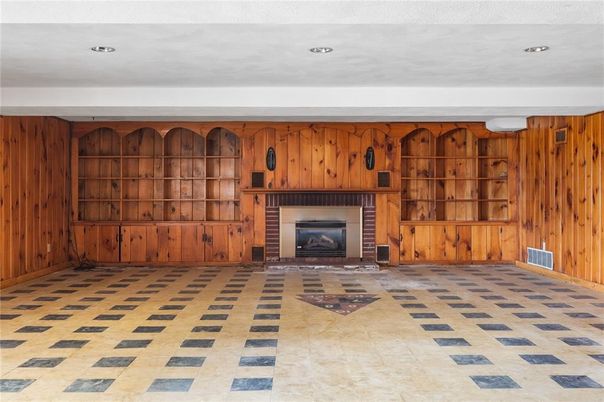 Empty room, Fireplace, Interior, Recessed Lighting, Wooden Walls