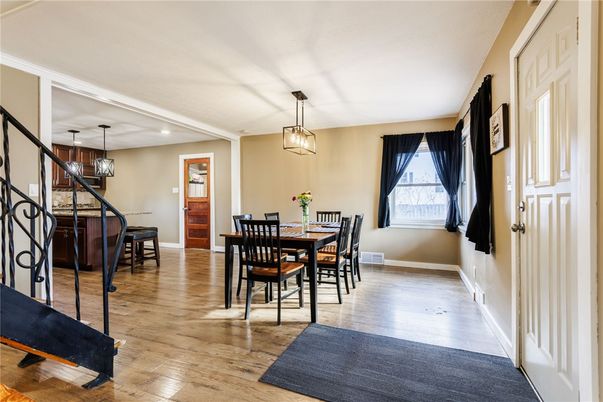 Dining room, Interior, Pendant Lights, Wood Texture Flooring