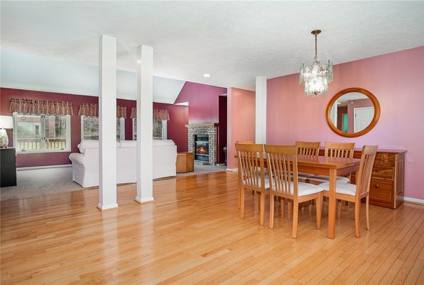 Chandelier, Dining room, Fireplace, Interior, Recessed Lighting, Wood Texture Flooring