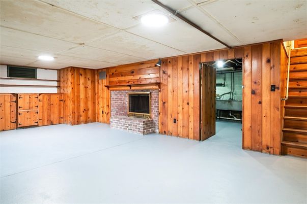 Empty room, Fireplace, Interior, Recessed Lighting, Wooden Walls