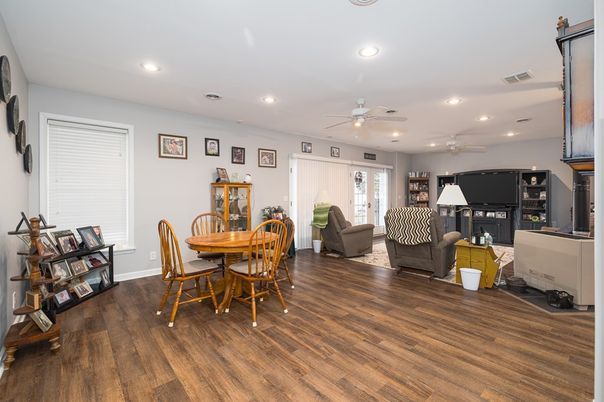 Dining room, Interior, Living room, Recessed Lighting, Wood Texture Flooring