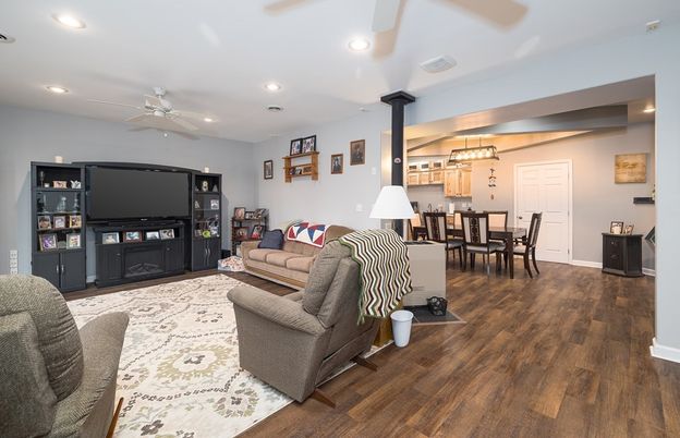 Dining room, Interior, Kitchen, Living room, Pendant Lights, Recessed Lighting, Wood Texture Flooring