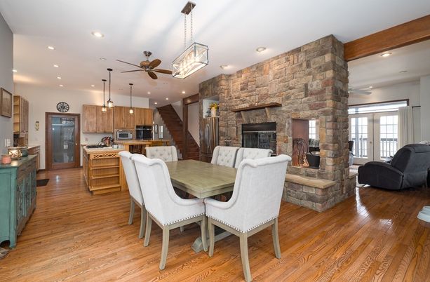 Dining room, Fireplace, Interior, Kitchen, Pendant Lights, Recessed Lighting, Stone Walls, Wood Texture Flooring