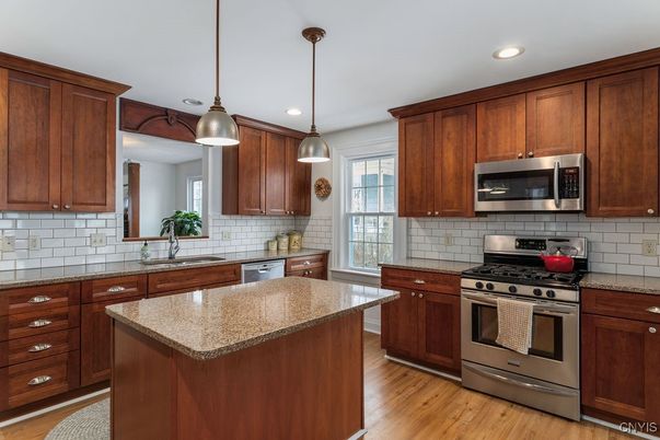 Interior, Kitchen, Pendant Lights, Recessed Lighting, Stainless Steel Appliances, Wood Texture Flooring