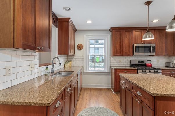 Interior, Kitchen, Pendant Lights, Recessed Lighting, Stainless Steel Appliances, Wood Texture Flooring