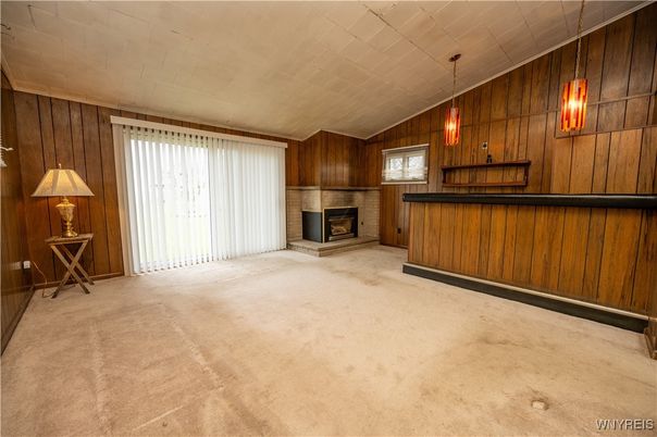 Empty room, Fireplace, Interior, Pendant Lights, Wooden Walls