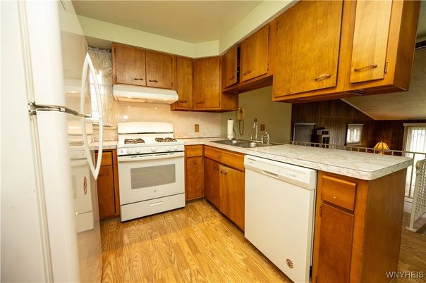 Interior, Kitchen, Tile Countertops, Wood Texture Flooring