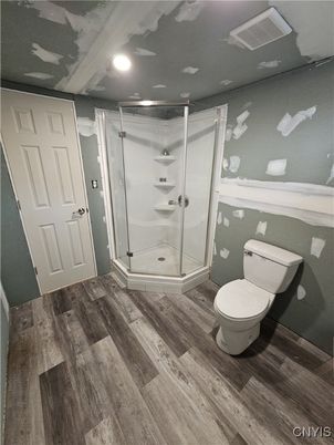Bathroom, Glass Shower, Interior, Recessed Lighting, Wood Texture Flooring