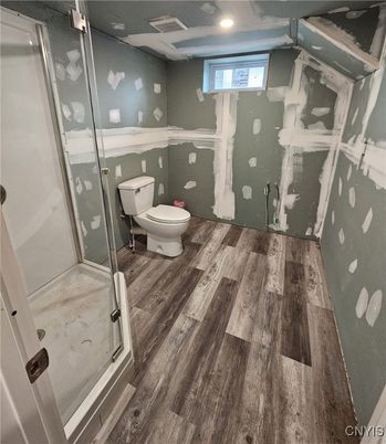 Bathroom, Glass Shower, Interior, Recessed Lighting, Wood Texture Flooring