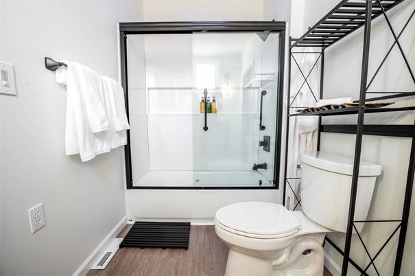 Bathroom, Glass Shower, Interior, Wood Texture Flooring