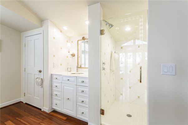 Bathroom, Glass Shower, Interior, Recessed Lighting, Wood Texture Flooring