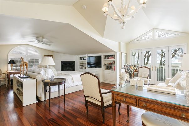 Bedroom, Chandelier, Fireplace, Home Office, Interior, Wood Texture Flooring