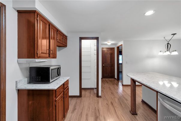 Interior, Kitchen, Pendant Lights, Recessed Lighting, Wood Texture Flooring