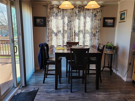 Dining room, Interior, Pendant Lights, Wood Texture Flooring