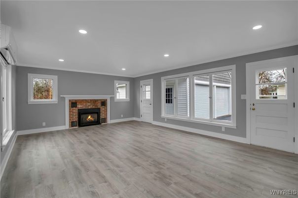Empty room, Fireplace, Interior, Recessed Lighting, Wood Texture Flooring