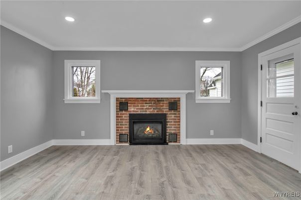Empty room, Fireplace, Interior, Recessed Lighting, Wood Texture Flooring