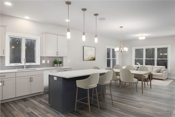 Dining room, Interior, Kitchen, Living room, Pendant Lights, Recessed Lighting, Wood Texture Flooring