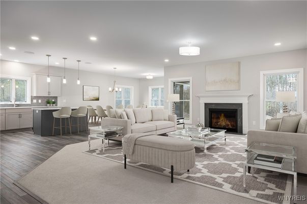 Dining room, Fireplace, Interior, Kitchen, Living room, Pendant Lights, Recessed Lighting, Wood Texture Flooring
