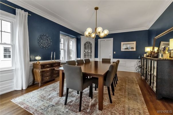 Dining room, Interior, Pendant Lights, Wood Texture Flooring