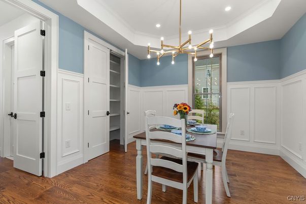 Dining room, Interior, Pendant Lights, Recessed Lighting, Wood Texture Flooring