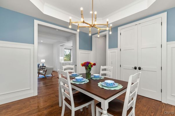 Dining room, Interior, Pendant Lights, Wood Texture Flooring