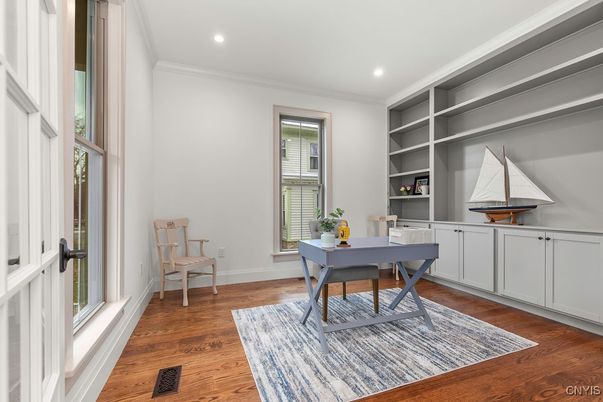 Home Office, Interior, Recessed Lighting, Wood Texture Flooring
