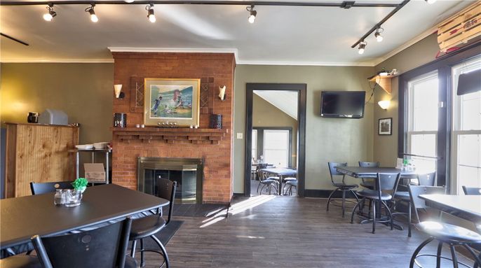 Dining room, Fireplace, Interior, Wood Texture Flooring