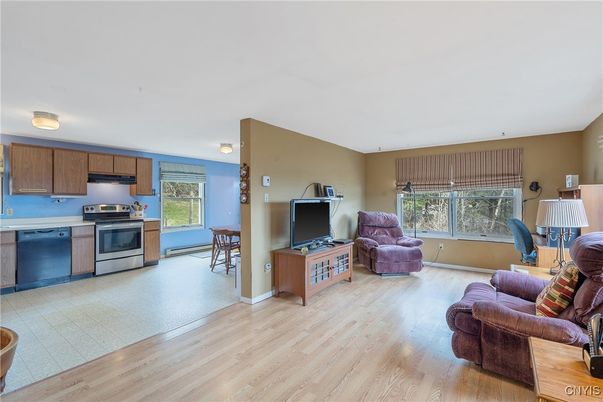 Interior, Kitchen, Living room, Stainless Steel Appliances, Wood Texture Flooring