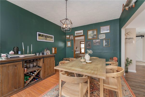 Dining room, Interior, Pendant Lights, Wood Texture Flooring