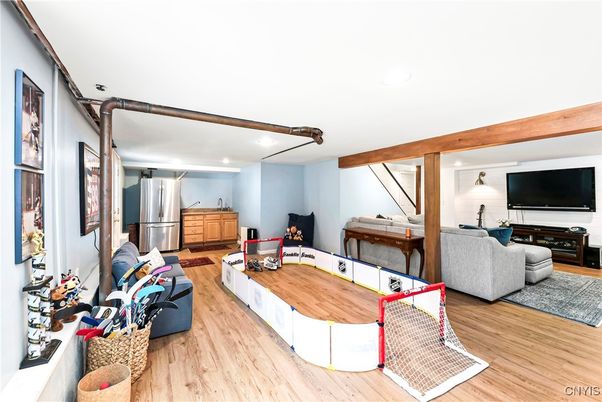 Interior, Kitchen, Living room, Recessed Lighting, Stainless Steel Appliances, Wooden Beams, Wood Texture Flooring