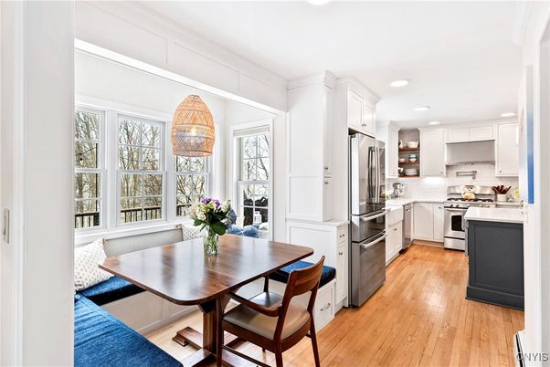 Dining room, Interior, Kitchen, Recessed Lighting, Stainless Steel Appliances, Wood Texture Flooring