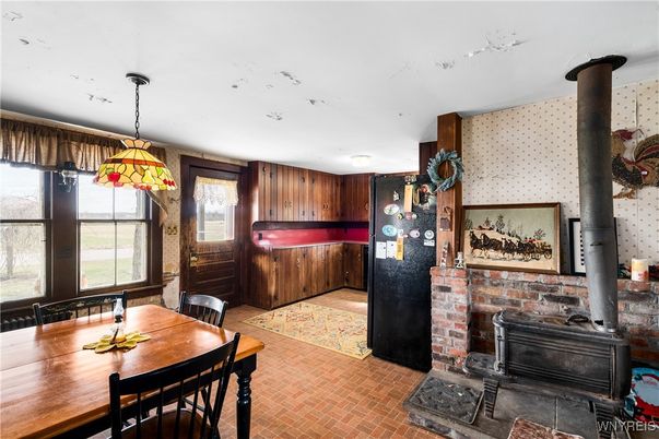 Dining room, Fireplace, Interior, Pendant Lights