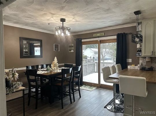 Dining room, Interior, Pendant Lights, Wood Texture Flooring