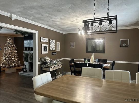 Dining room, Interior, Pendant Lights, Wood Texture Flooring