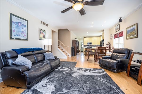 Dining room, Interior, Kitchen, Living room, Recessed Lighting, Stainless Steel Appliances, Wood Texture Flooring