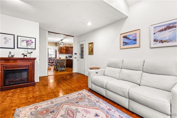 Fireplace, Interior, Kitchen, Living room, Recessed Lighting, Wood Texture Flooring