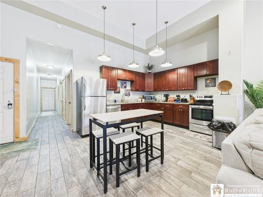 Interior, Kitchen, Pendant Lights, Stainless Steel Appliances, Wood Texture Flooring