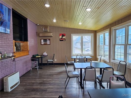 Dining room, Interior, Recessed Lighting, Stone Walls, Wood Texture Flooring