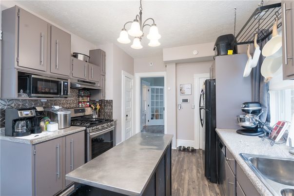 Chandelier, Interior, Kitchen, Stainless Steel Appliances, Wood Texture Flooring