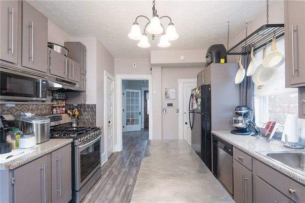 Interior, Kitchen, Pendant Lights, Stainless Steel Appliances, Wood Texture Flooring