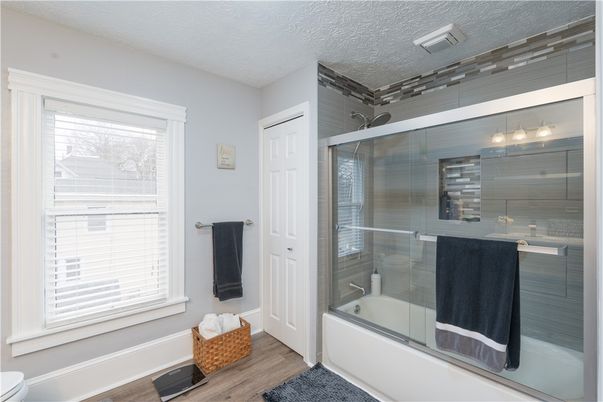 Bathroom, Glass Shower, Interior, Wood Texture Flooring