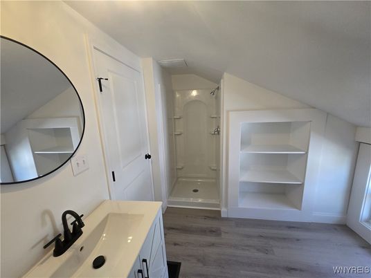 Bathroom, Glass Shower, Interior, Wood Texture Flooring
