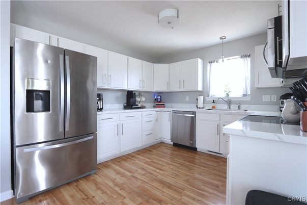 Interior, Kitchen, Pendant Lights, Stainless Steel Appliances, Wood Texture Flooring